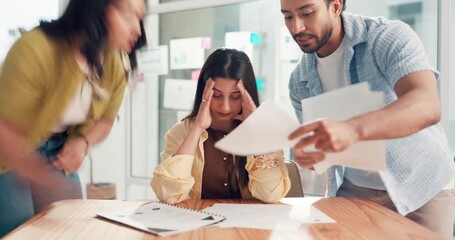 Businesswoman, stress and multitasking with documents in office for SEO metrics, busy or time lapse. Motion blur, marketing manager and headache with staff chaos for campaign deadline or overwhelmed - Powered by Adobe