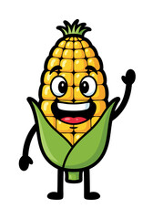 A cheerful cartoon corn cob character with a big smile, waving its hand. It's a vector illustration perfect for food, educational or nutrition related designs
