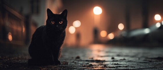 Mysterious Black Cat Sitting on Wet Pavement at Night with Orange Glow