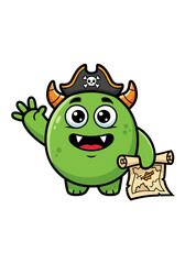 Fototapeta premium A cartoon vector of a cheerful green monster dressed as a pirate, waving with a treasure map in hand. Its a playful and colorful design against a clean white background