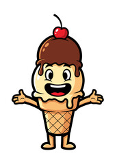 Obraz premium A delightful cartoon-style mascot featuring an ice cream cone, complete with a waffle texture, topped with chocolate and a cherry, rendered with bold black outlines on a clean white background