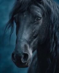 Striking close-up portrait of a majestic black horse, showcasing its powerful gaze and flowing dark mane against a moody, deep blue background