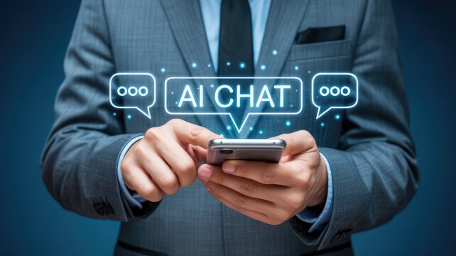 Revolutionizing communication using AI chat on a smartphone, a businessman connects with cutting edge technology for modern business solutions today