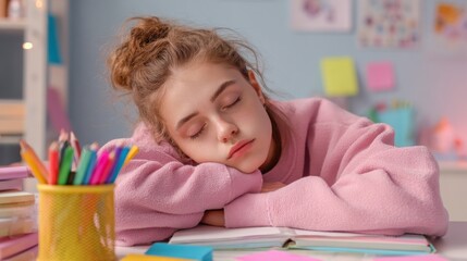 Student feeling tired while studying at a desk in a cozy room during the afternoon