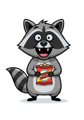 Fototapeta premium A cartoon style raccoon mascot holding a red and yellow bag of snacks standing on a white background, vector illustration, detailed graphics. Illustration with bold colors and flat lighting