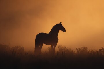 Fototapeta premium Silhouette of a Majestic Horse Standing Proudly Against a Warm Hazy Sunset Background
