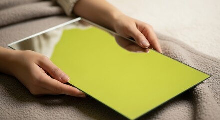 A person's hands hold a rectangular mirror with a reflective surface.