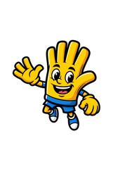 A cheerful yellow glove cartoon character wearing a blue outfit and shoes is waving on a white background. This vector mascot illustration is perfect for product animation and advertisement design
