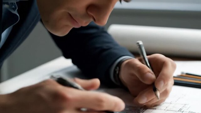 Architect hands drawing blueprint plan design work table office project engineering professional draftsman construction development process creativity business
