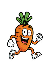 A cheerful cartoon carrot mascot joyfully running with bright orange color and green leaves. It features a simple facial expression, white gloves, and shoes against a clean white background