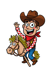 A cheerful cartoon cowboy rides a stick horse, with a hat, scarf, shirt, jeans, and boots, against a clean white background. This playful illustration captures the joy of childhood imagination