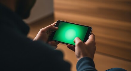 Close-up shot of a person holding a smartphone with a bright green screen, possibly for video editing.