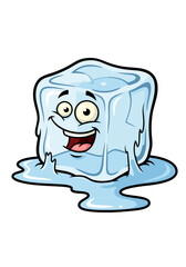 A cheerful cartoon ice cube mascot with melting edges, rendered in blue and white. Its smiling face and water droplets evoke a refreshing feel against a clean white backdrop
