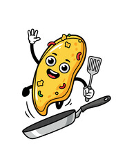 A cheerful omelet cartoon mascot with cartoon arms and legs holds a spatula and jumps over a black frying pan. The background is plain white, highlighting the food character