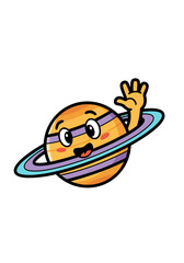 A joyful cartoon planet with rings is waving its hand in outer space, set against a clean white background. This colorful design is perfect as a mascot character for cosmic adventures
