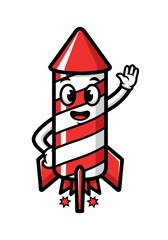 A cheerful cartoon rocket mascot with red and white stripes is waving its hand. A cute and animated character design for festive celebrations and space exploration theme. Vector illustration on a
