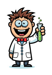 A cheerful cartoon scientist smiles while holding a test tube filled with green liquid. The character is wearing a white lab coat, a red bow tie and has spiky brown hair, set against a clean white