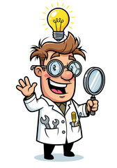 Cheerful cartoon scientist with a bright idea. He wears a white coat, holds a magnifying glass, and has a glowing light bulb above his head, symbolizing innovation and discovery