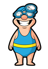 A cheerful cartoon swimmer wears a blue bathing suit accented with a yellow stripe and blue goggles, isolated against a clean white background. Vector illustration, clip art style
