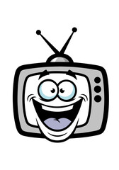 Cheerful gray cartoon television character with antenna, smiling and expressive face illustration on a clean white background. A vector mascot design for animation and educational use
