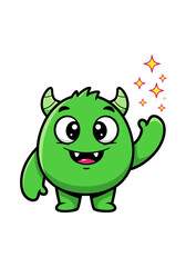 A cute green cartoon monster mascot with horns and big eyes stands on a white background. Glittering stars add a touch of magic to this pixelated digital art illustration. The character is isolated