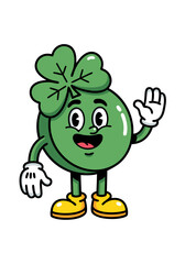 A cheerful green round cartoon character with a clover on its head, yellow shoes, and white gloves stands on a white backdrop. This cute mascot vector is perfect for designs