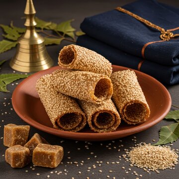 Authentic Til Pitha Sesame Seed Rolls with Jaggery, Traditional Bengali Winter Sweet Snack on Clay Plate, Indian Dessert
