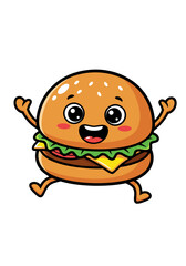 Obraz premium Cartoon burger character with a cheerful expression and arms raised. The burger is brightly colored and layered with lettuce, tomato, cheese, and a patty. Set against a white backdrop for a clean