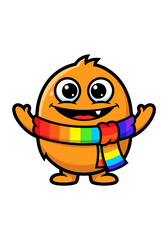A cheerful orange blob mascot with a rainbow scarf is set against a clean white background. The pixel art graphic illustration is designed in a modern animation style with a funny and cute
