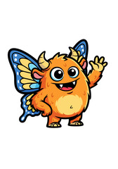 A joyful orange cartoon mascot with butterfly wings, set against a clean white background. This cheerful character design features a horned creature waving its hand, with playful blue accents