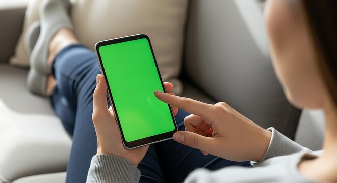 A woman's hand holding a smartphone with a green screen while relaxing on a couch.