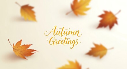 Autumn Greetings written in elegant gold script surrounded by falling maple leaves.
