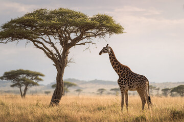 A beautiful giraffe stands beneath a tree in a sunlit savanna, set against a soft blue sky and distant hills.