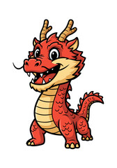 A cute, vibrant red cartoon dragon mascot stands cheerfully with light yellow accents and a pixel art texture against a clean white background, creating a playful and whimsical illustration