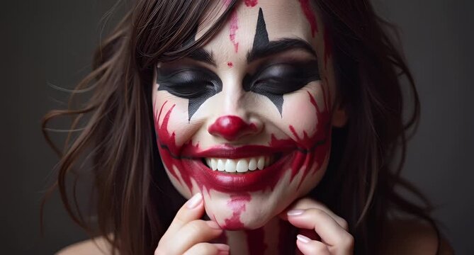 Woman in Creepy Clown Horror Makeup Touching Face Studio Portrait Halloween Cosplay 4K