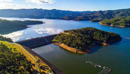 National reservoir or dam in the middle of the valley and the road connecting the city at chiang rai thailand high angle view from drone camera
1