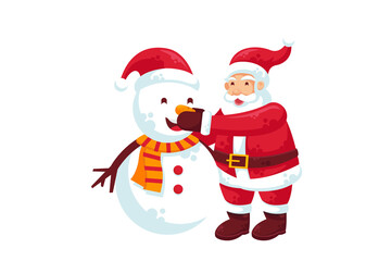 Festive Pixel Art Illustration of Santa Claus Building a Snowman with Orange Scarf and Red Hat on Transparent Background for Christmas Themes