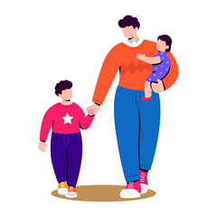 Father Holding Daughter and Son Walking Together in Transparent Background Fathers Day Celebration Red Orange Outfit