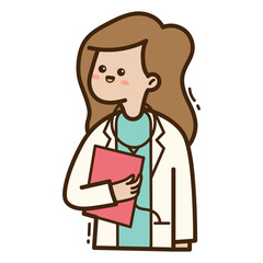 Female Doctor with Brown Hair Wearing White Coat Holding Red Clipboard on Transparent Background, Medical Professional Illustration Graphic