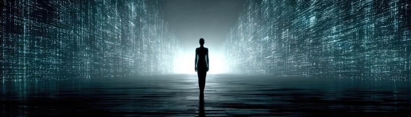 Fototapeta premium Complexity of modern technology in digital ethics background concept. A figure standing in a digital landscape of data and information.