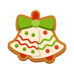 Festive Christmas Bell Cookie with Green Bow and Red Accents on Transparent Background