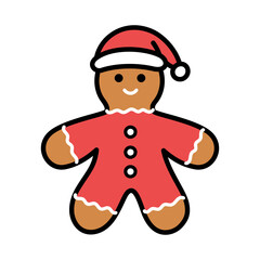 Festive Gingerbread Man Cookie Doodle with Red Santa Hat and Outfit on Transparent Background