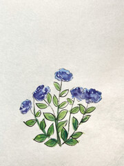 an imaginary flower painting in ink, blue hydrangea-like flower drawn with sumi on washi paper, ink painting on Japanese paper, hand-drawn floral illustration, watercolor-style ink art, Japanese-style