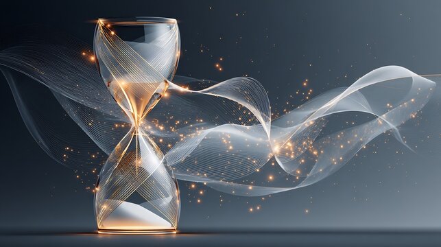 Modern glass hourglass with golden light and flowing abstract lines, representing time, innovation, and digital concepts. - Powered by Adobe