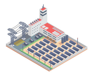Pixelated Solar Power Plant with Solar Panels Electric Towers and Industrial Buildings Isometric View on Transparent Background
