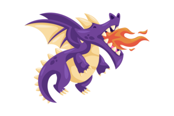 Purple Pixel Art Dragon Breathing Fire on Transparent Background Illustration, Featuring Wings, Spikes, Teeth, Fire, Cartoon Style