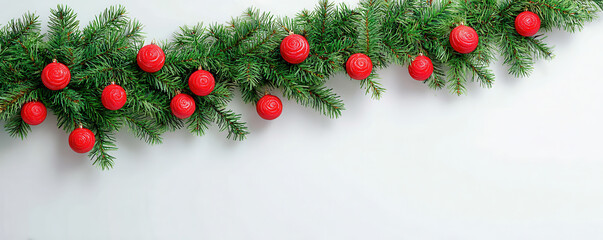 Christmas banner with green pine branch and red decoration balls creating festive holiday mood