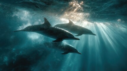 Fototapeta premium Three dolphins swim through the ocean with sun rays piercing the water