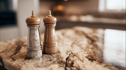 Two spice grinders on a marble countertop in a kitchen with a blurred background showing a window