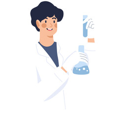 Smiling Scientist Holding Beakers with Blue Liquid on Transparent Background